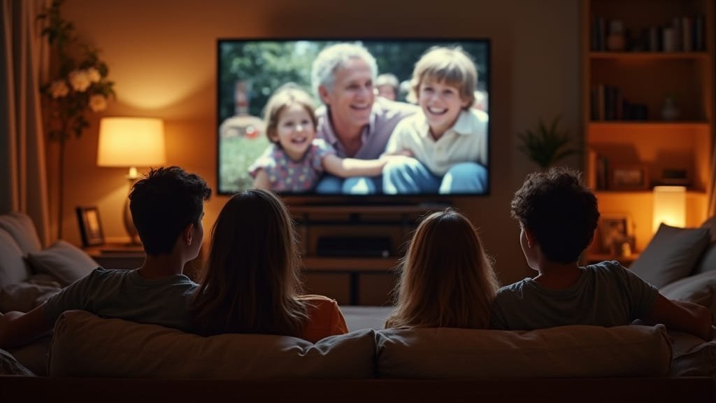A family sits on a couch in their living room while watching a memorial video on their flatscreen TV, showing wonderful moments with their loved one.