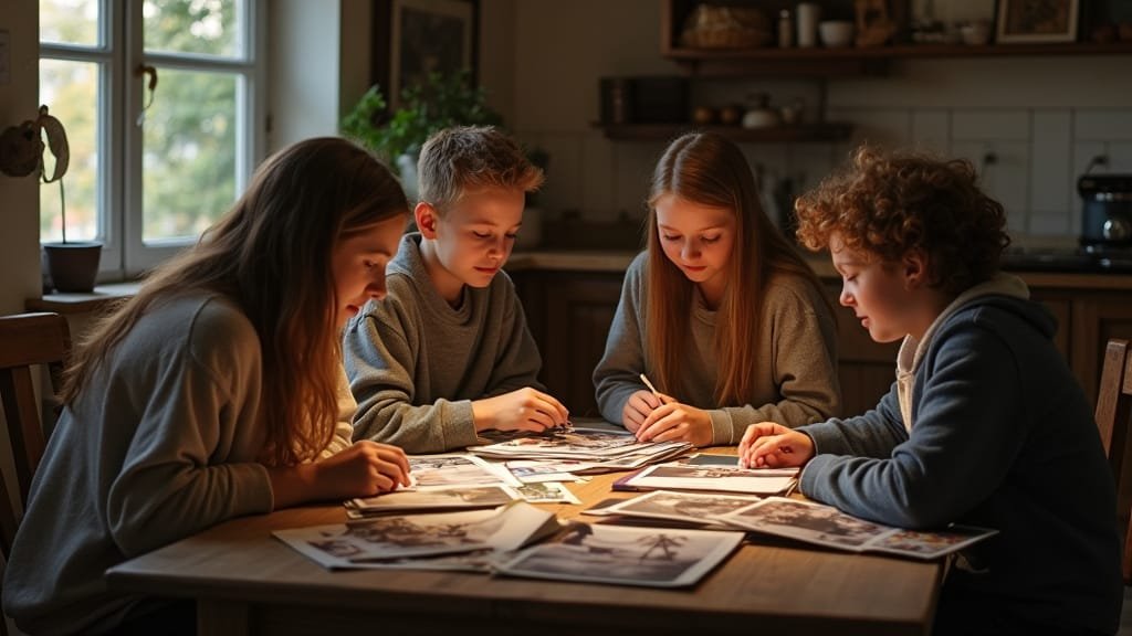 A family sits around a wooden table, remembering warm moments with their loved one as they pass family photos to one another.