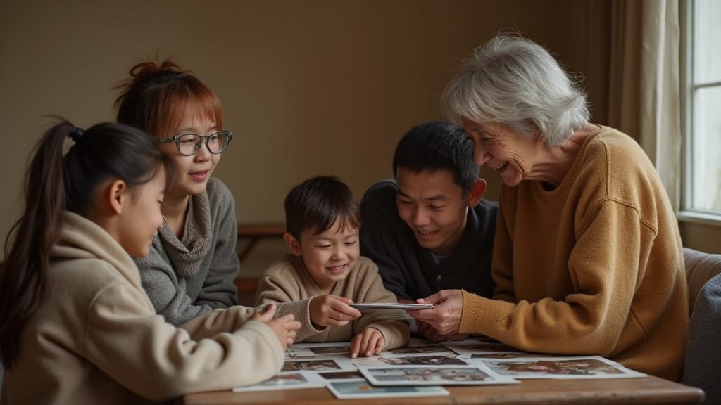 A family sits around a wooden table in their living room, rimeniscing about warm moments with their loved one as they pass family photos to one another.