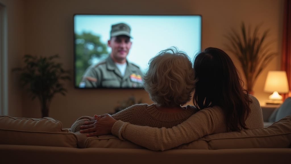 An older woman and her adult daughter sit on a couch, watching their custom memorial video by Desert Streams Online Memorials.