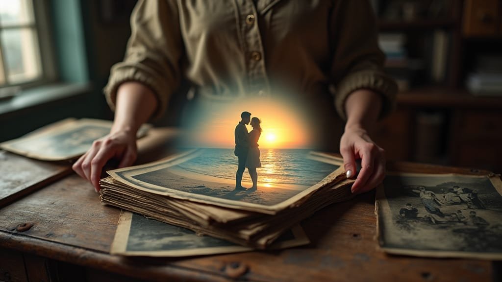 A family member looks through a pile of old photos as the ethereal image of a pognant memory floats above.