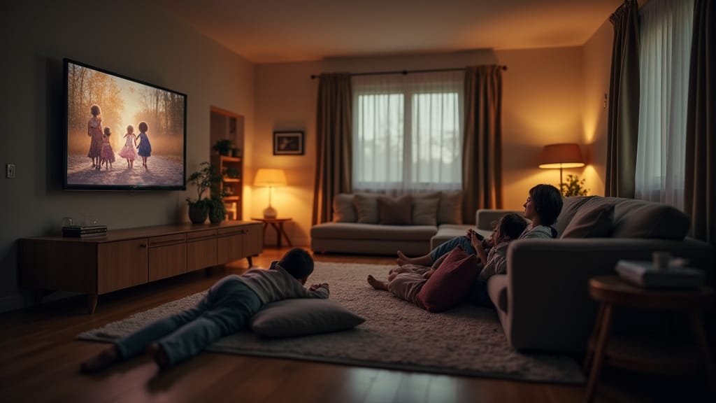A family lounges in their living room watching a custom memorial video on their TV.